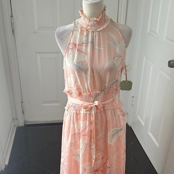 NWT RYEGRASS Women's Dress Peach Floral Sleeveless High Neck Smocked Waist SZ M - Picture 2 of 14